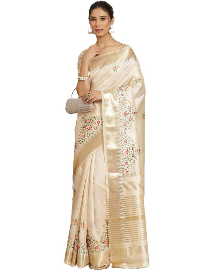 arriva fab Women's Kasavu Cotton Blend Saree With Blouse Piece (Riva1698__White) - Image 7