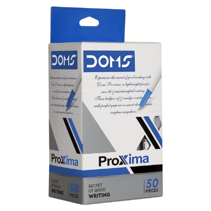 Doms Proxima Ball Pen Box | Elegent Looks | Smooth Writing Experience | Comfortable Grip | Ideal for Office & Students | Blue Ink | Box Pack of 50 Pcs