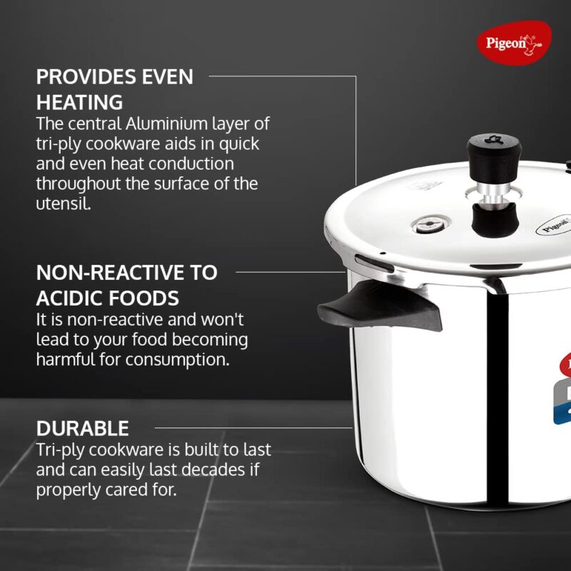 Pigeon by Stovekraft Elite Shine 3 L Tri-Ply Body Outer Lid Pressure Cooker Induction and Gas Stove Compatible that Distributes Heat Evenly for Uniform Cooking (Stainless Steel, Silver) - Image 2
