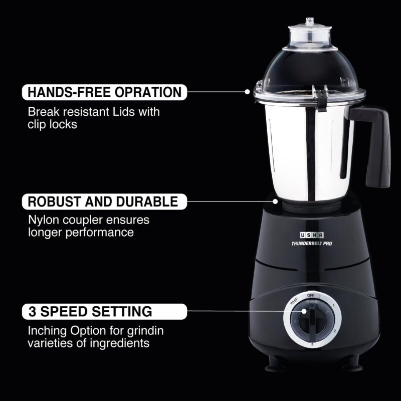 USHA Thunderbolt Pro 1000W with 3 Jars, 100% Copper Ball-Bearing Motor, Handsfree operation, 3 Jars, 3-Speed Setting with Inching option, 5 Years Warranty on Motor (Black) - Image 4
