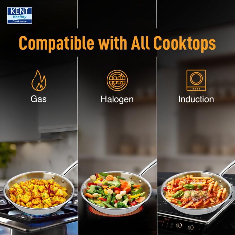 KENT Triply Frying Pan 22 CM with SS Lid 1.2 L | Cool-Touch Diecast Handle | Induction Friendly | Dishwasher Safe (Stainless Steel;Aluminium) - Image 8