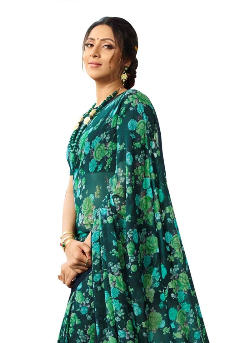 RAJESHWAR FASHION WITH RF Women's Georgette Floral Printed Saree For Women Jacquard Lace Border SareeWith Blouse(A38 BLUE FLOWER NEW 2_Free Size 6.30 Mtr) - Image 4