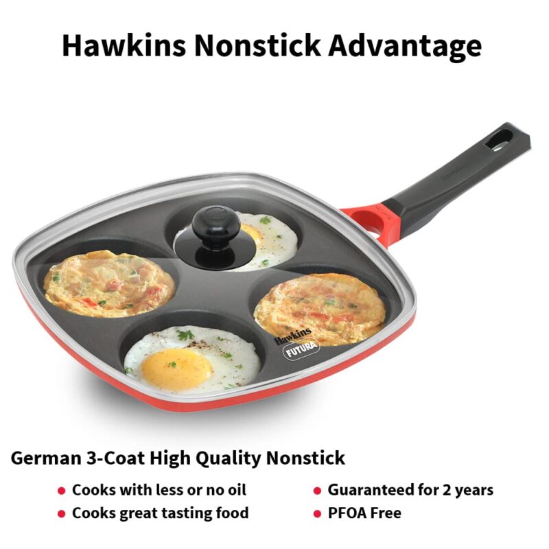 Hawkins 30 cm Die-Cast Multi Snack Pan with Glass Lid, Nonstick Mini Uttapam Tawa, Pancake Pan, Red (DCMS30G) - Image 6