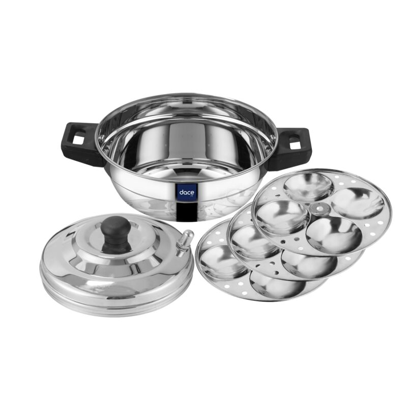 DACE Lite 3 Plate Ss Idli Cooker With Whistle Indicator | Idli Cooker Stainless Steel Pot Steamer| Steel Idli Maker With Silver Lid- 3 Plates- 12 Idlies, 0.5 Litre