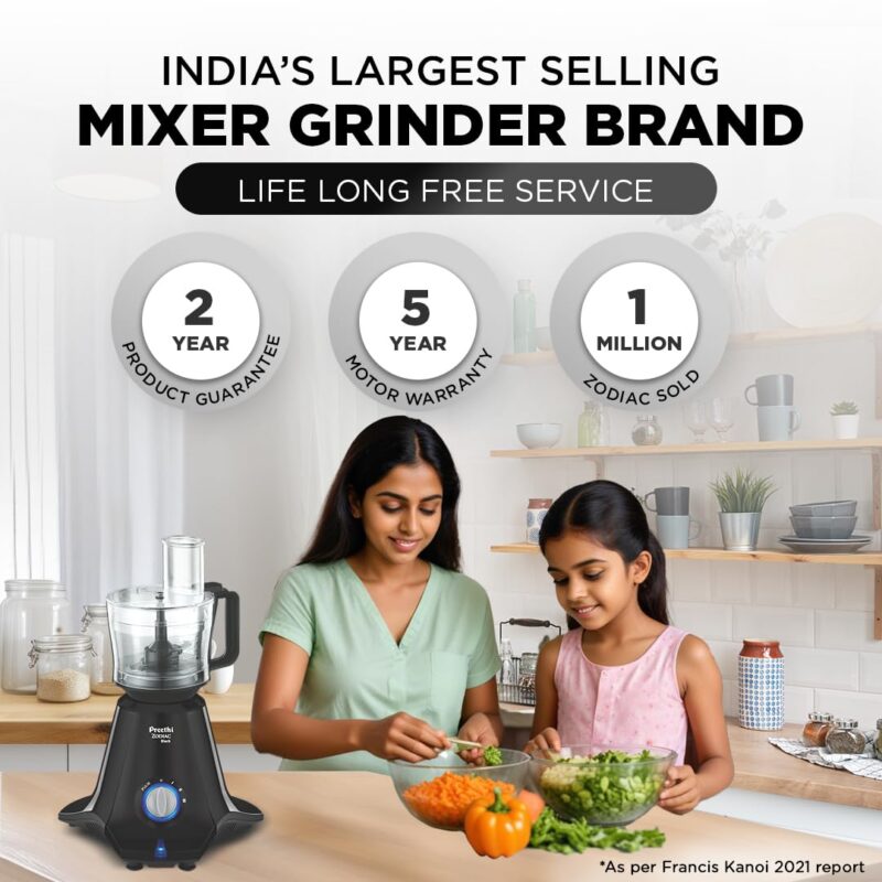 Preethi Zodiac Black Mixer Grinder for Kitchen, 5 Jars 750 Watt Mixie with Chutney Jar, Dry Grinding, Batter Grinding, Juicer & Masterchef Jar for chopping/grating (MG-261) - Image 2