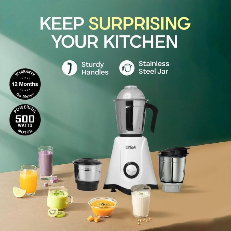 Pringle 2 Jar Mixer Grinder| 500W Powerful Motor | [ISI] Certified | 304 Grade SS Blade| 2 SS Jars Liquidizing Jar (1 Litres) Chutney Jar (0.4 Litres)3 Speed Options with Whip (1 Year Warranty) - Image 8