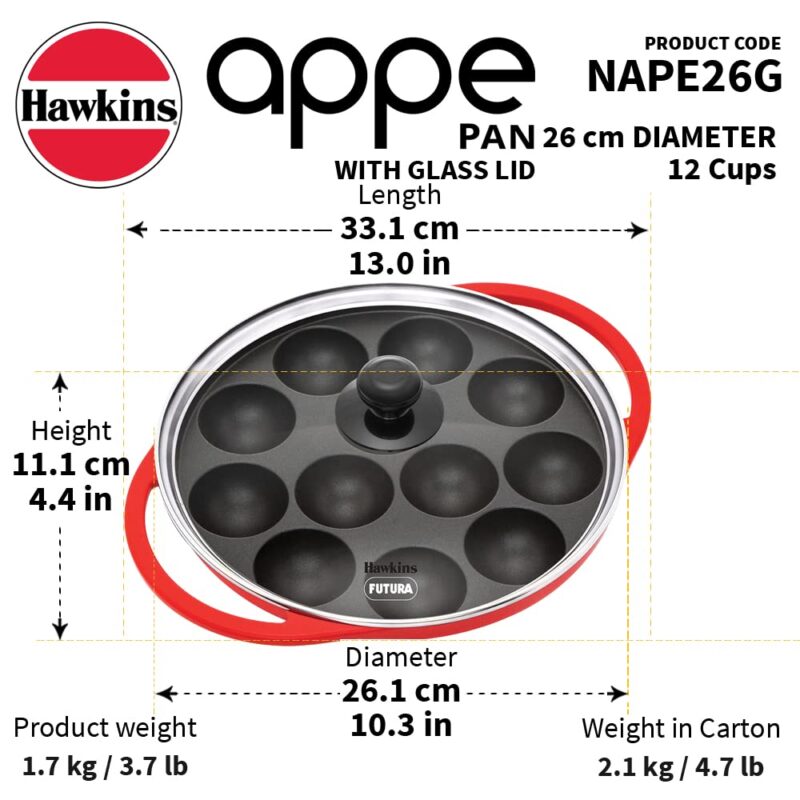 Hawkins Futura 26 cm Appe Pan, Non Stick Paniyaram Pan with Glass Lid, 12 Cups Paniyarakkal Ceramic Pan, Litti Pan, Kuzhi Paniyaram Pan, Ponganalu Pan, Red (NAPE26G) - Image 7