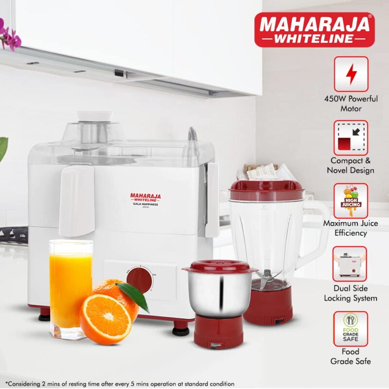 Maharaja Whiteline Gala Happiness Juicer Mixer Grinder with 2 Jars | Long Lasting Performance with 450 Watts| Food Grade Safe | High Grade Mesh for Efficient Juicing | 2 Year Warranty (White) - Image 5