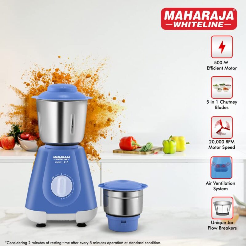 Maharaja Whiteline Smart Mixer Grinder | 500-watt | 20000 RPM Motor Speed | Air Ventilation System | Stainless-Steel Jars & Blades | Unique Jar Flow Breakers | 2 Year Motor Warranty |Blue - Image 5