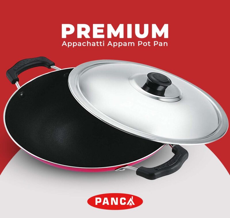 PANCA Non-Stick Aluminium Appachatti with Stainless Steel lid, 2.6mm, Red/Black, 23cm, Gas Compatible, Product Type, Has Nonstick Coating - Image 2