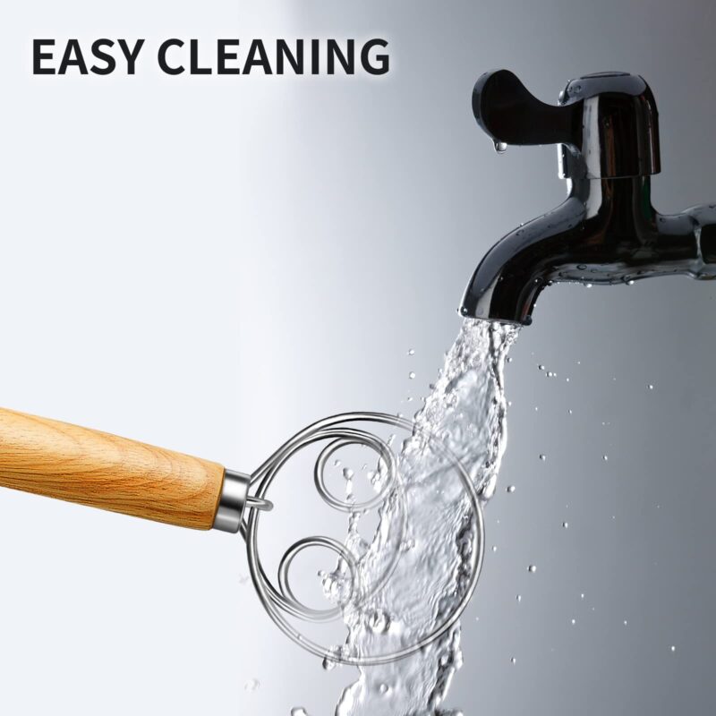 (More Efficient) TeeVea Danish Dough Whisk Stainless Steel Dutch Style Bread Dough Hand Mixer Blender Wooden Handle Kitchen Baking Tools Artisian Blender - Image 4