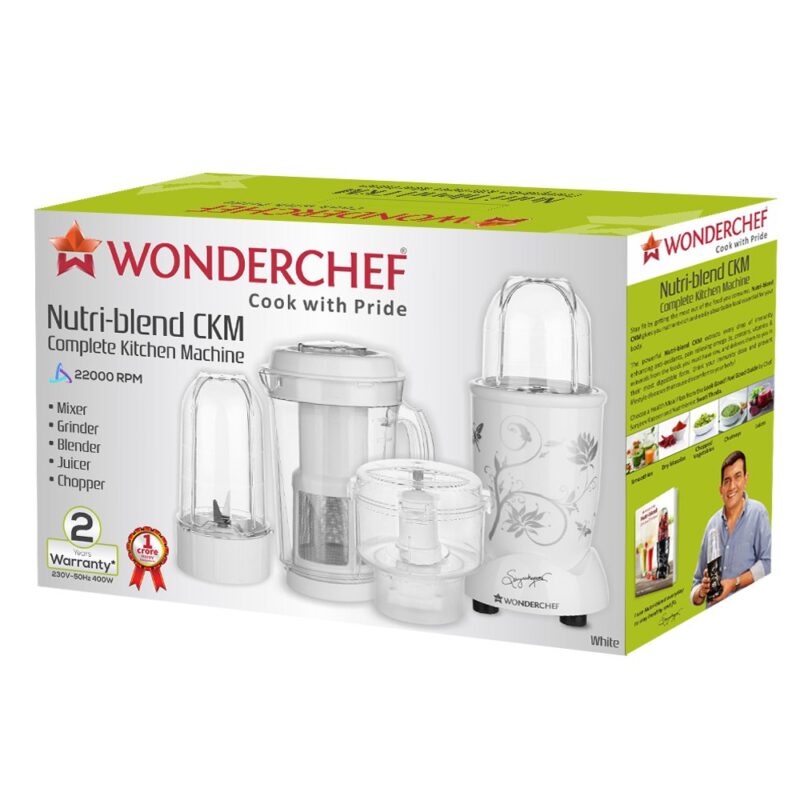 Wonderchef Nutri-Blend Juicer, Mixer, Grinder & Chopper|400W 100% Full Copper Motor|Complete Kitchen Machine|4 Unbreakable Jars|2 Years Warranty|Recipe Book by Chef Sanjeev Kapoor|White - Image 4
