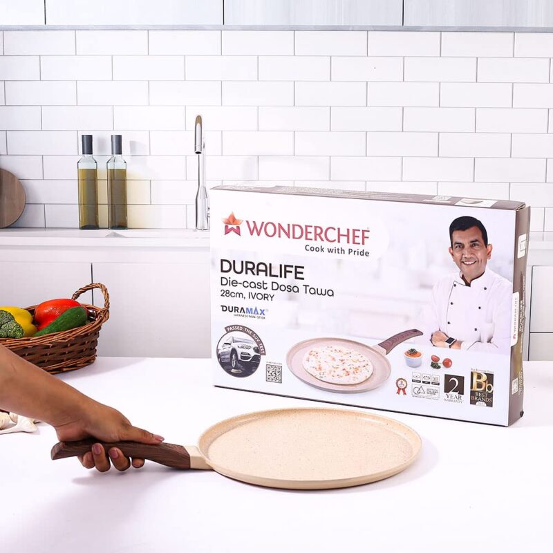 Wonderchef Duralife Die-cast 28 cm Dosa Tawa | 5 Layer Healthy Duramax Non-Stick Coating | Soft Touch Handle | Pure Grade Aluminium | PFOA Free | 2 Year Warranty Ivory - Image 2