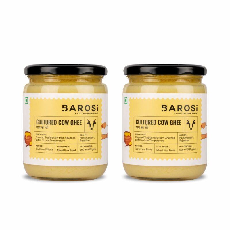 Barosi Premium Cultured Desi Cow Ghee 1 Litre (Combo Pack of 2 * 500ml) | Vedic Bilona Method | Churned from Curd | Pure & Natural | Farm Made in Small Batches | Glass Jar Packing