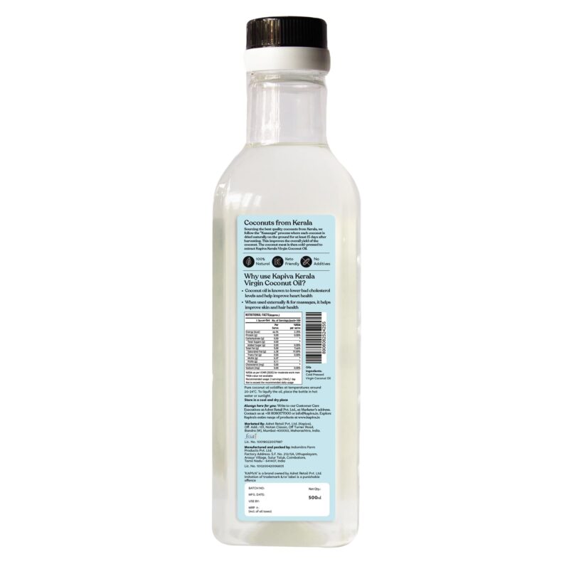 Kapiva Virgin Cold-Pressed Coconut Oil 500ml | 100% Pure, Unrefined, Organic & Edible | For Cooking, Skin & Baby Care, Oil Pulling | Coconut Oil For Hair | Keto Friendly - Image 3