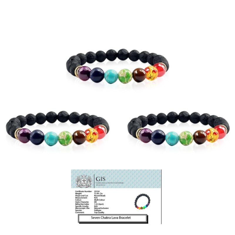 GEM MINES Pure Gems Natural 7 Chakra Lava Bracelet provided with certificate Original for both Men and Women (Pack of 3).