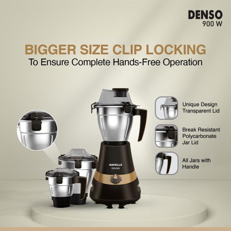 Havells Denso Heavy Duty 900 Watts 3 Jar Mixer Grinder | Ball Bearing Copper Motor | Large Break Resistant Alluminium Collar Jars with Flow Breaker | 2Yr Product & 5Yr Motor Manufacturer Warranty - Image 4
