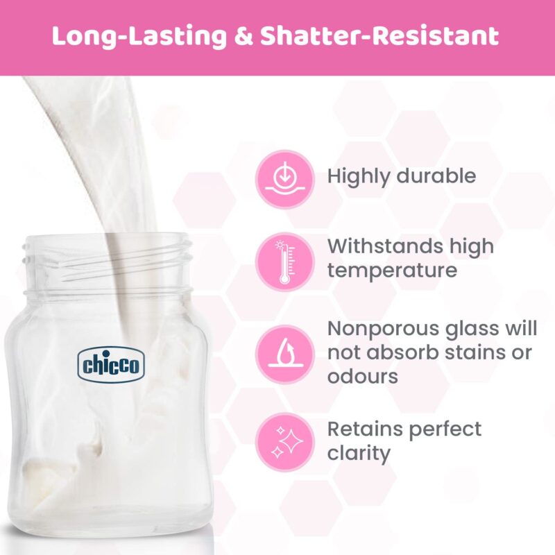 Chicco Well-Being Glass Feeding Bottle for Babies (120ml, Slow Flow) | Premium Borosilicate Glass for High Durability | Elongated Teat for Correct Latch | Comes with Anti-Spill Cap | BPA Free (Pink) - Image 6