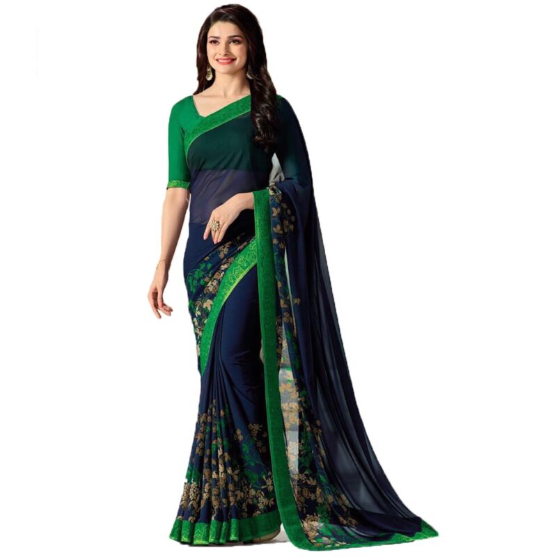 RAJESHWAR FASHION WITH RF Women's Floral Printed Georgette Sarees For Women With Jacquard Lace Border & Blouse(A15 BLUE GREEN NEW_Multicolored_Free Size 6.30 Mtr)