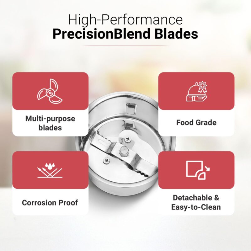 V-Guard Brillio 750 Watt Juicer Mixer Grinder, 3 Year Motor Coverage by V-Guard, 4 Jars(Chutney, Dry, Wet & Juicer), Sturdy Juicer Jar With Quadraflow Design, Precisionblend Ss Blades, Mars Red - Image 6