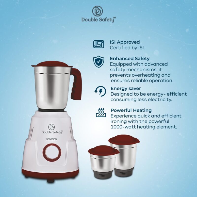 Double safety London Mixer Grinder 550 watts | 3 Stainless Steel Jars | Chutney Jar, Dry Grinding and Liquidizing jar to make chutneys, Milkshake, Smoothies, Puree | High Speed - Image 7