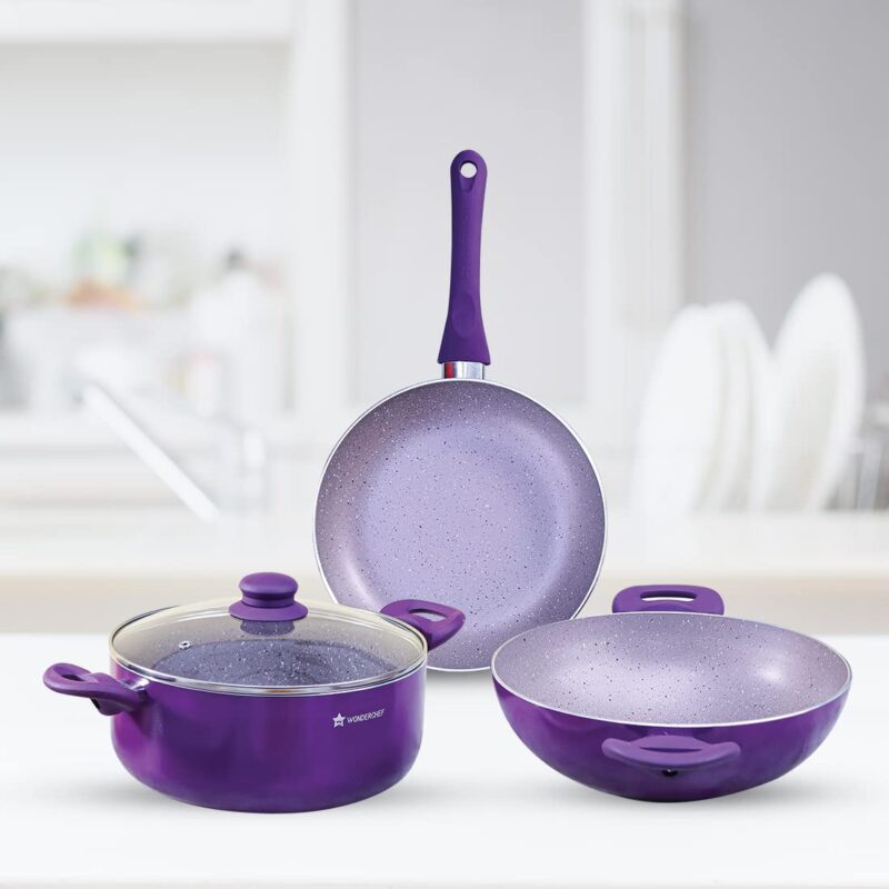 Galaxy Festival 4pcs Cookware Set | Casserole with Lid, Fry Pan, Kadhai | Induction Friendly | Cool Touch Bakelite Handles | Pure Grade Aluminium| PFOA Free| 2 Years Warranty | Purple - Image 9