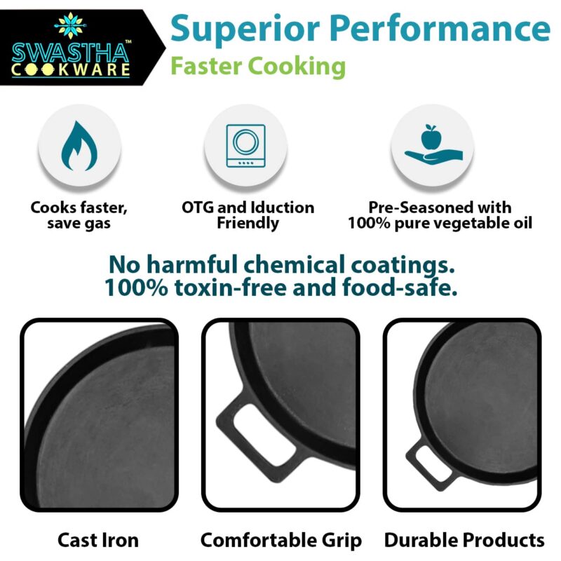 SWASTHA COOKWARE Cast Iron Material Neer Dosa Tawa Double Handle | Pre-Seasoned Super Smooth Cast Iron Neer Dosa Tawa | Black Color - Image 4