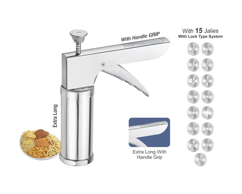 Ritu Stainless Steel Kitchen Press with Different Types of Jalies, Murukku Maker/Bhujiya Maker/Noodles/Cookies/Namkeen/Chakali Maker/Sev Maker/Farsan Maker/Gathiya Maker - Image 8