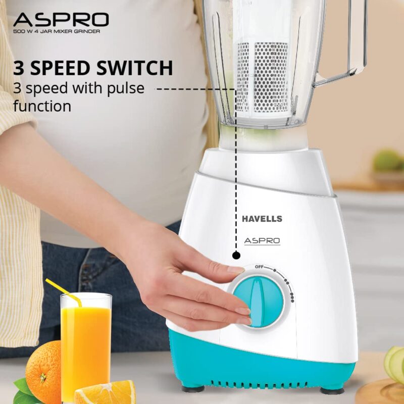 Havells Aspro 4 Jar 500 watt Mixer Grinder with 1.75Ltr Polycarbonate Jar with Fruit Filter, 21000 RPM, Overload Protector, 2 Yr Product & 5 Yr Motor Warranty (White and Light Blue) - Image 7