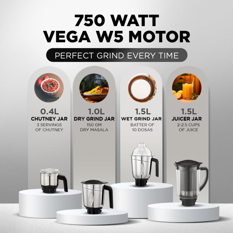 Preethi Galaxy Plus Mixer Grinder for Kitchen - 4 Jars 750 Watt Mixie (3 Stainless steel Jars+1 Super Extractor Juicer Jar), Flexi lids, Vega W5 motor, Black (MG-250) - Image 6