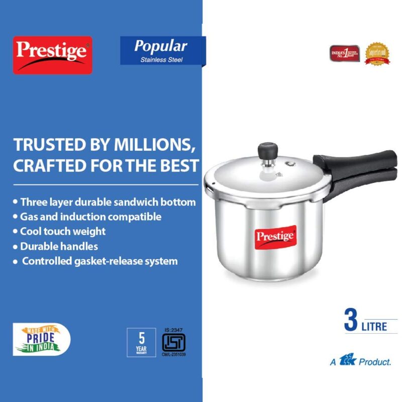 Prestige Popular Stainless Steel Outer Lid Pressure Cooker, 3 Litres, Silver - Image 6