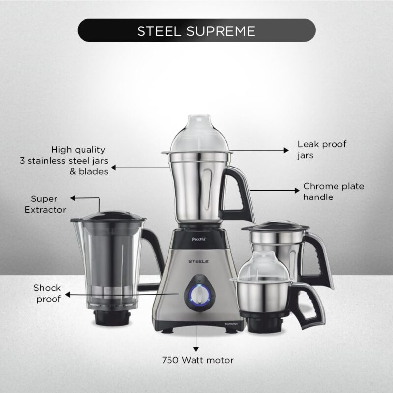 Preethi Steel Supreme Mixer Grinder for Kitchen, 750 Watt Mixie, 4 jars - Super Extractor juicer Jar, 5yr Warranty & Lifelong Free Service (MG-208) - Image 5