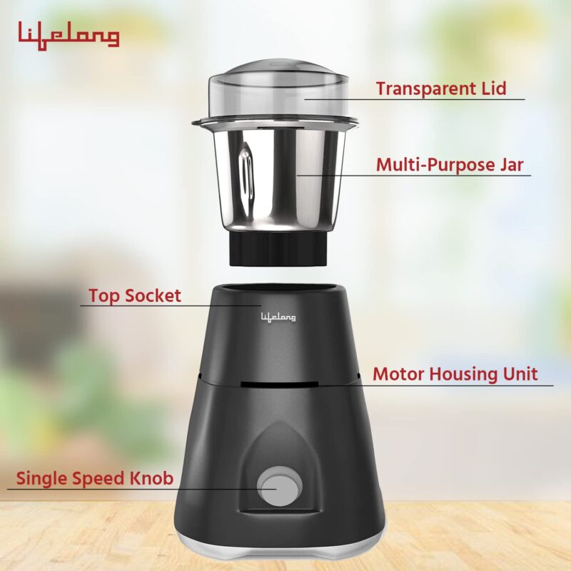Lifelong Uno LX 350 Watt Mixer Grinder, 1 Jar | ABS Body, Stainless Steel Blade (1 Year Warranty, Grey) - Image 3