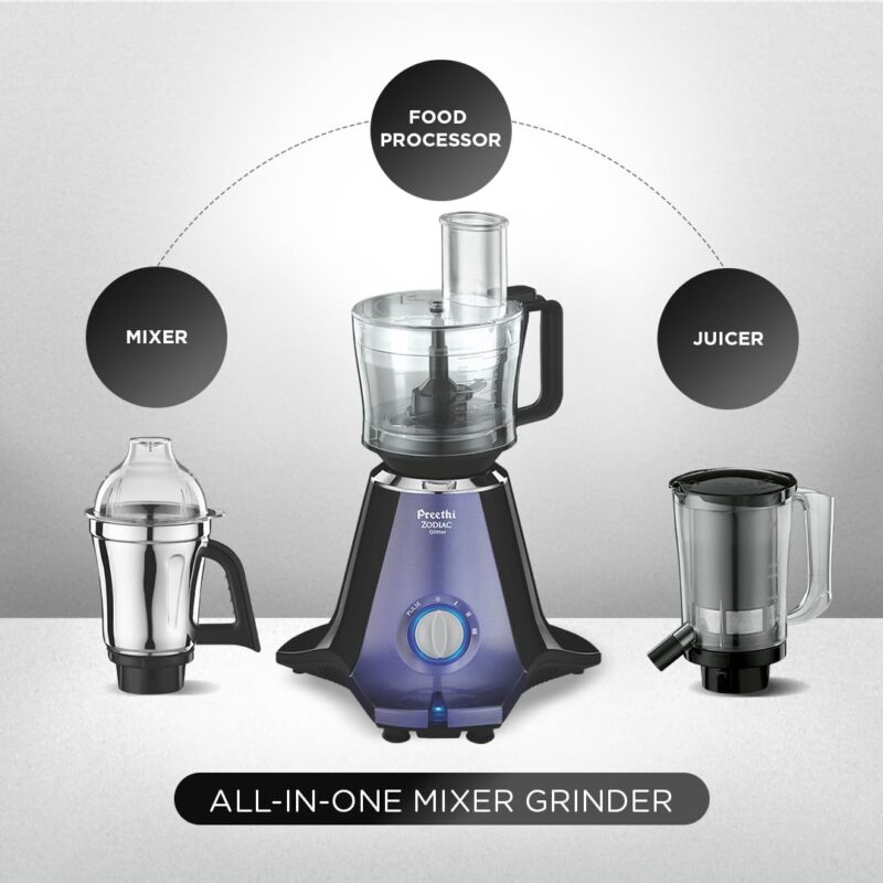 Preethi Zodiac Glitter MG 264, 750 Watt Mixer Grinder, 5 Jars (3 Stainless steel Jars +1 Juicer Jar+1 Master Chef Plus Food processor Jar), Lavender/Black - Image 6