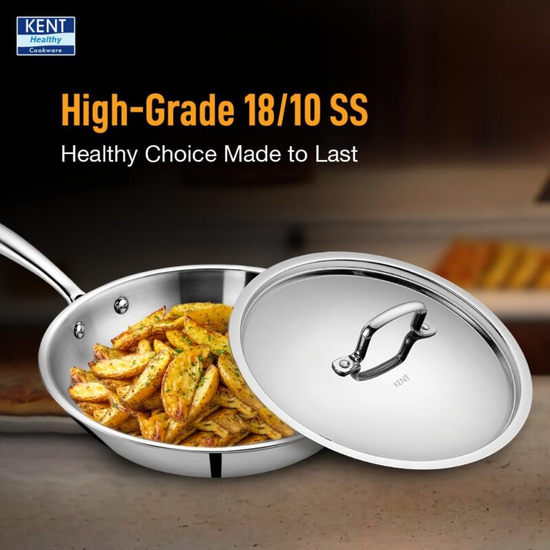 KENT Triply Frying Pan 22 CM with SS Lid 1.2 L | Cool-Touch Diecast Handle | Induction Friendly | Dishwasher Safe (Stainless Steel;Aluminium) - Image 4