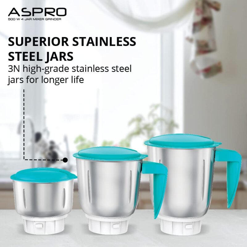Havells Aspro 4 Jar 500 watt Mixer Grinder with 1.75Ltr Polycarbonate Jar with Fruit Filter, 21000 RPM, Overload Protector, 2 Yr Product & 5 Yr Motor Warranty (White and Light Blue) - Image 5