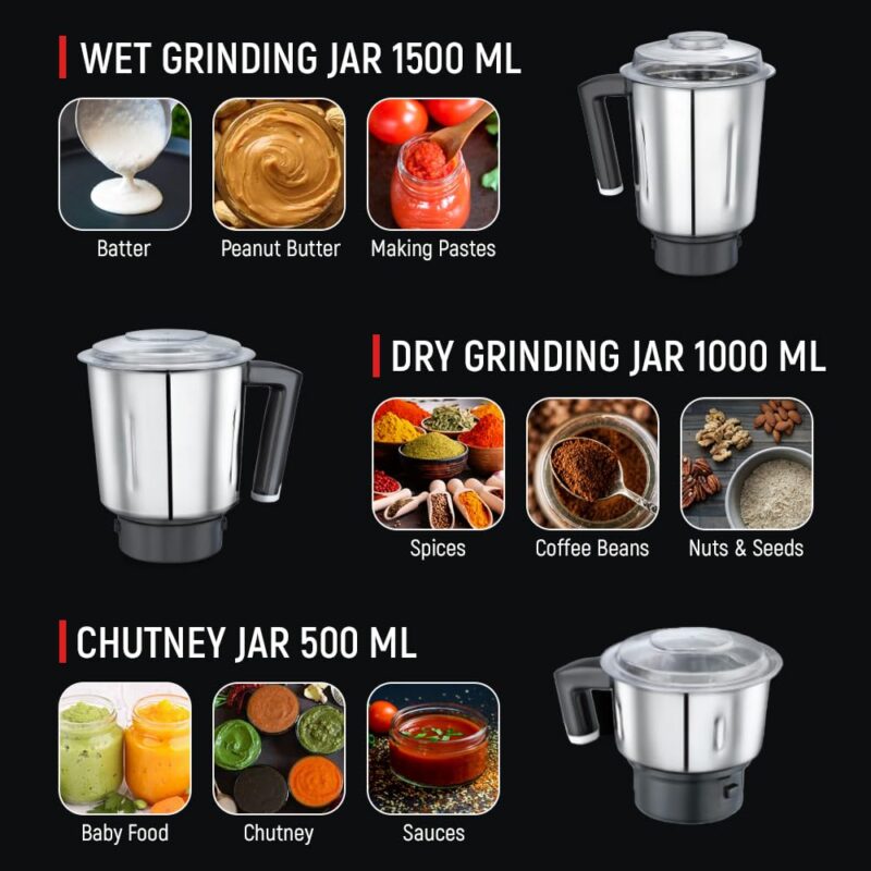 Prestige Hercules 1000W Mixer Grinder with 3 Stainless Steel jars & 1 Juicer jar|Flow-Breaker Design|Sturdy Handles|4 Super Efficient Blades|Black & Red - Image 3