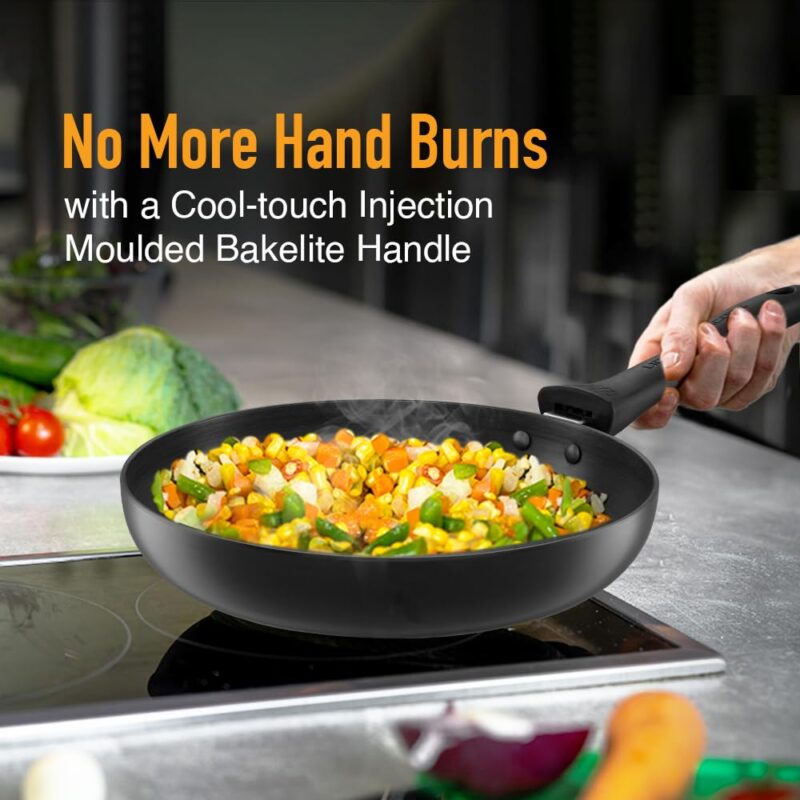KENT Hard Anodised Frying Pan 22 CM | 1.4L | Non Reactive, Non Toxic, & Non Staining Food Grade Surface | 3.25mm Thick Base for Uniform Heating| Cool Touch Bakelite Handle | Induction Friendly, Black - Image 7