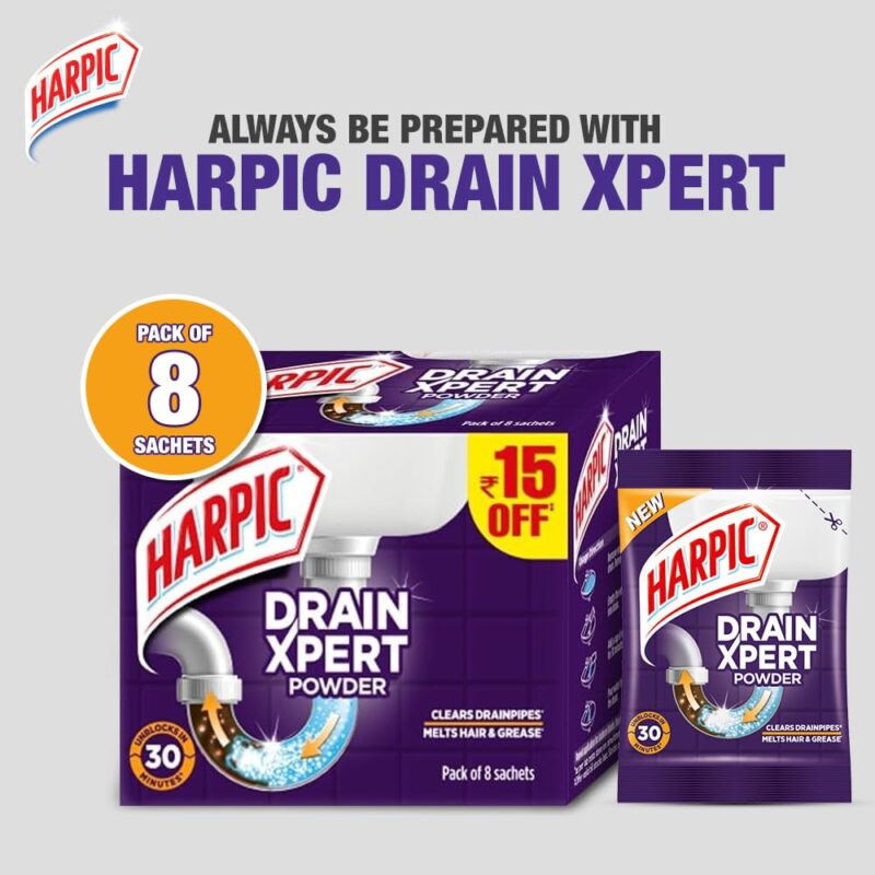 Harpic DrainXpert Drain Cleaning Powder (50g x 8) | Removes Blockages in Pipes, Sinks & Septic Tanks| Works within 30 minutes | Melts Grease & Dissolves Hair (Pack of 2) - Image 5