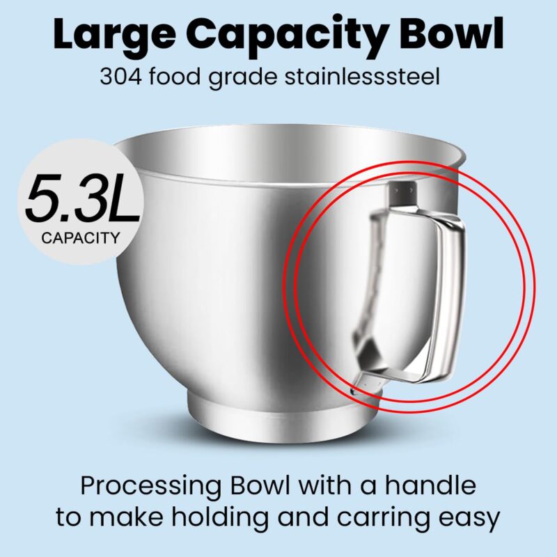 INALSA Stand Mixer 1200W|Pure Copper Motor|5.3L SS Bowl With Splash Guard|Metal Gears for Extra Durability|Accessories Included|Dishwasher Safe|Baking,Cake Mixer,Kneading-Kratos Plus (Blue) - Image 8