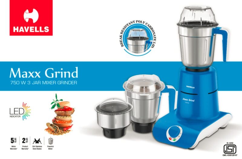 Havells Maxx Grind 750 watt Mixer Grinder with 3 Wider Mouth Stainless Steel Jar, Hands Free Operation, SS-304 Grade Blade, Overload Indicator & 5 Year Motor Warranty (Blue). - Image 8