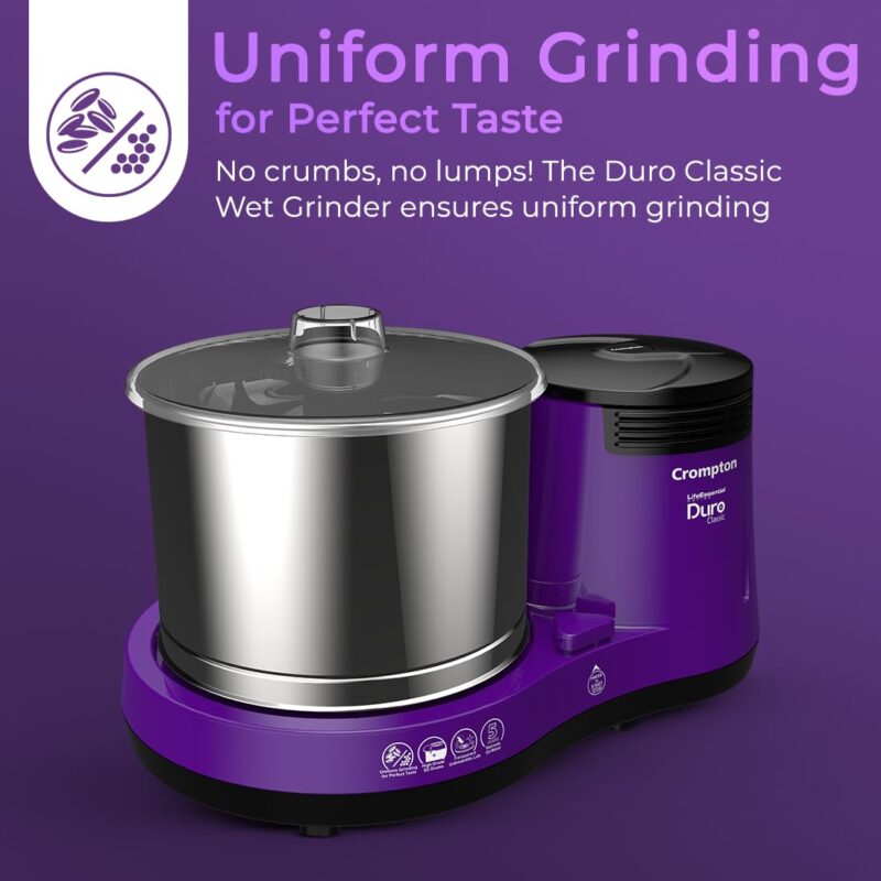 Crompton's Duro Classic Wet Grinder with 150W Motor for Uniform Grinding, High Grade 2L Stainless Steel Drums, Strong ABS Body & 5 Years of Warranty on Motor - Image 5