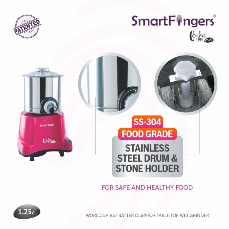 SmartFingers Comfort Plus Mini Table Top Wet Grinder 230V 50hz, 1.25 Liter, Pink - Image 2