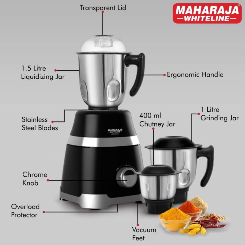Maharaja Whiteline 1000 W Ultramax HD Mixer Grinder with3 Stainless Steel Jars | Copper Motor | Food Grade Safe | Superior Cooling | 5 Year Motor Warranty- MX-220 (Black with Chrome Finish) - Image 3