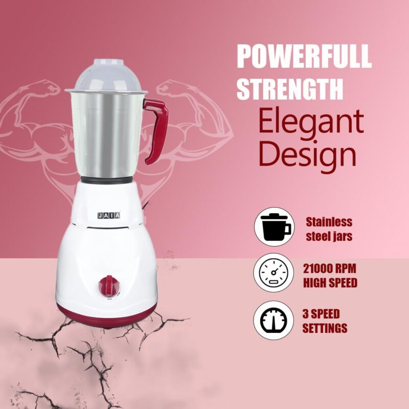 Jaia Fusion Mixer Grinder 500-Watt Mixer Grinder with 3 Jars Liquidizing Wet Grinding and Chutney Jar Stainless Steel blades 1 Year Warranty - Image 3