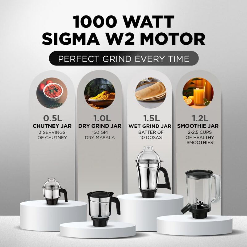 Preethi Boltz Mixer Grinder for Kitchen | 4 Jars 1000 Watts Mixie| 3 Stainless Steel Jar & 1 Blender Jar for Milkshake,Smoothie,Puree - Black (MG-288) - Image 4