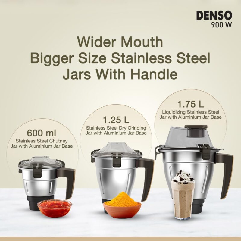 Havells Denso Heavy Duty 900 Watts 3 Jar Mixer Grinder | Ball Bearing Copper Motor | Large Break Resistant Alluminium Collar Jars with Flow Breaker | 2Yr Product & 5Yr Motor Manufacturer Warranty - Image 5