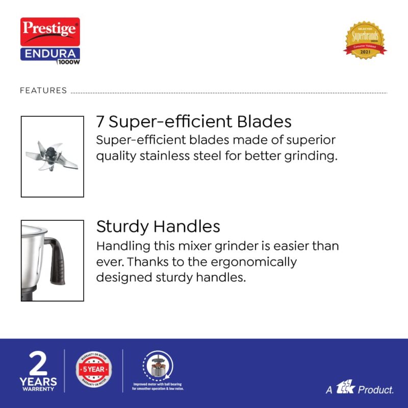 Prestige Endura 1000W Mixer Grinder with Ball Bearing Technology(Stainless Steel 4 Jars, Black & Silver) - Image 5