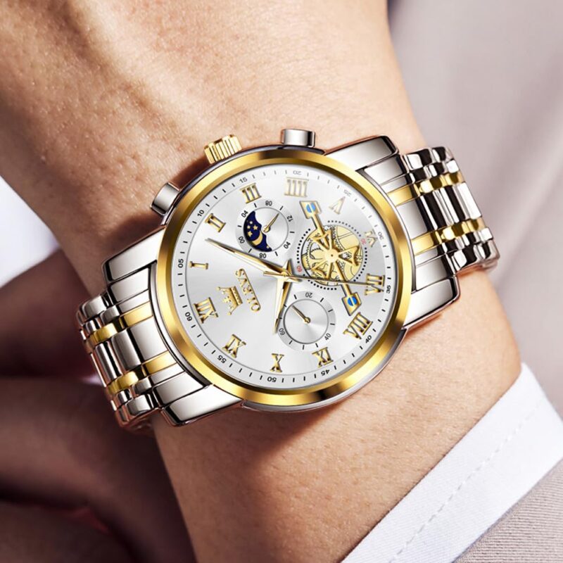 OLEVS Watches for Men Chronograph Business White Wrist Watches Analog Quartz Moon Phase Stainless Steel Waterproof Luminous Dress Watches - Image 2