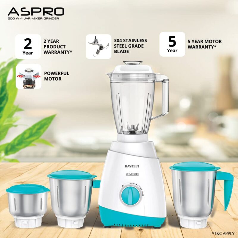 Havells Aspro 4 Jar 500 watt Mixer Grinder with 1.75Ltr Polycarbonate Jar with Fruit Filter, 21000 RPM, Overload Protector, 2 Yr Product & 5 Yr Motor Warranty (White and Light Blue) - Image 2